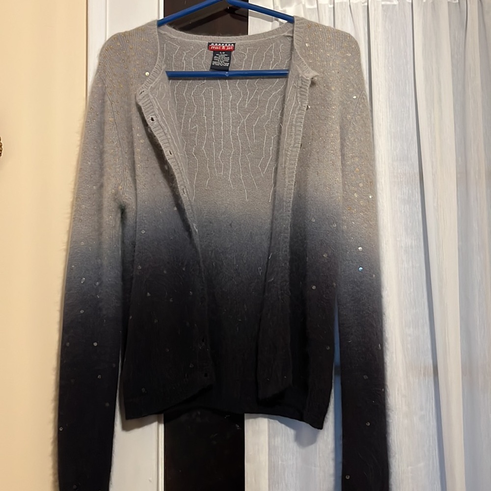 Mac & Jac women’s small petite silver/gray & black/blue cardigan. 40% angora - Picture 4 of 5